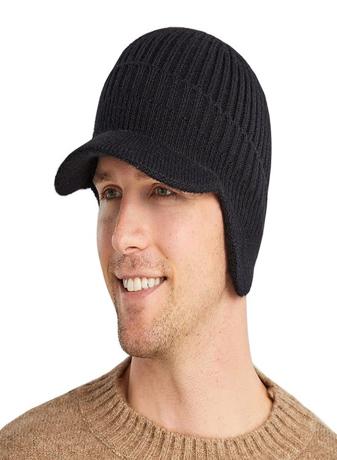 FASHIXD Men Women Winter Beanie with Visor Warm Earflaps Hat Black - Image 1