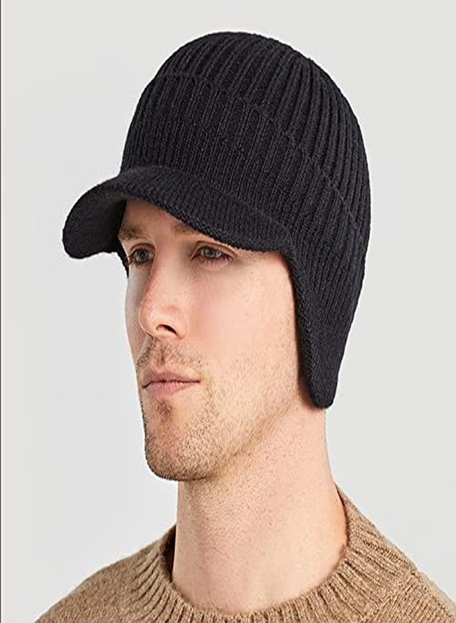 FASHIXD Men Women Winter Beanie with Visor Warm Earflaps Hat Black - Image 2