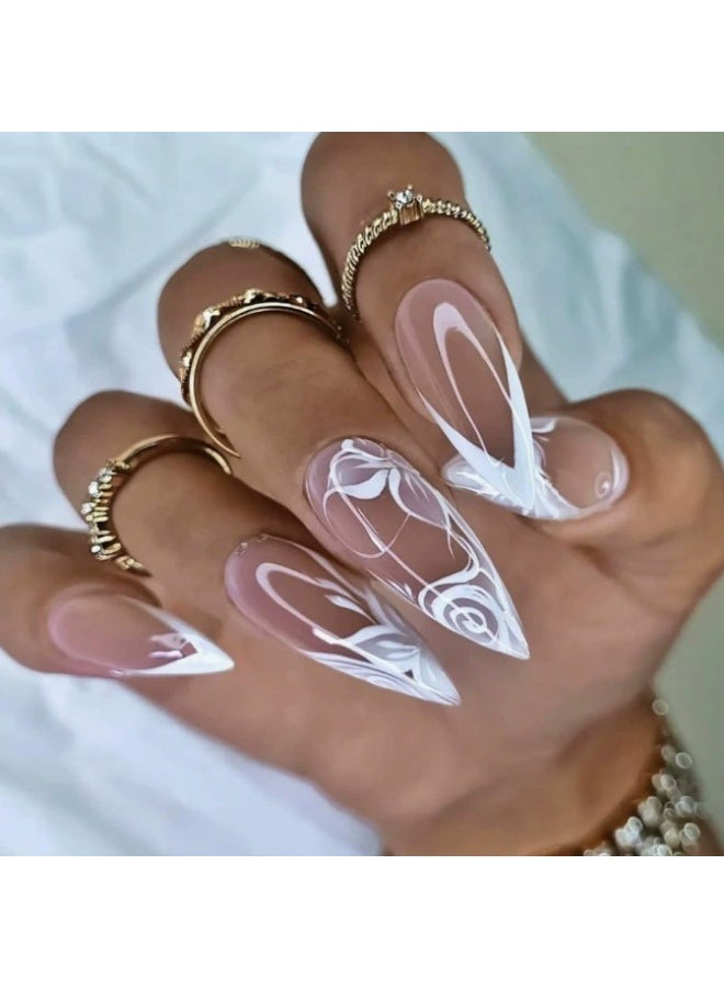 Goolsky أظافر ضغط طويلة مميزة بتصميم زهرة خط فرنسي للأناقة الفنية - Image 1