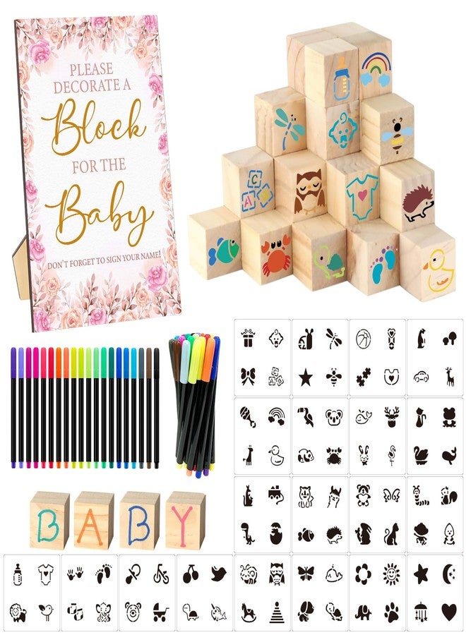 SytuHete 97 Pcs Baby Shower Game Sign Set Includes Decorative Square Signs 56 DIY Blank Wooden Blocks 20 Fabric Pens Baby Shower Game Prizes. - Image 1
