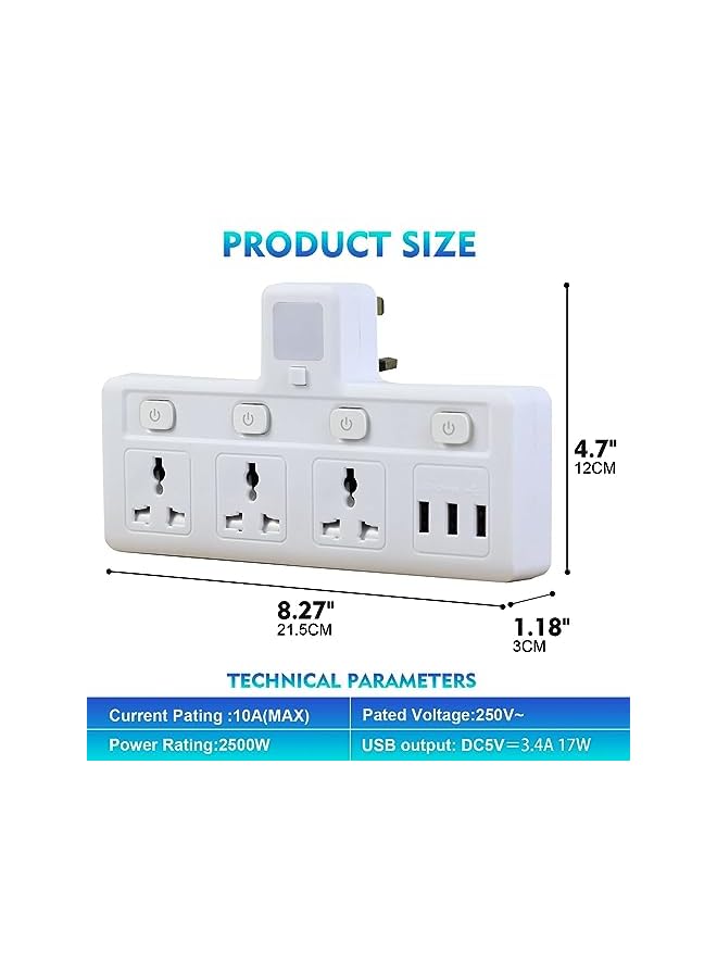 SKY-TOUCH مقبس تمديد متعدد المقابس مع 3 منافذ USB، مقبس حائط موسع بثلاثة اتجاهات، محول متعدد المنافذ الكهربائية مع ضوء ليلي، محول منفذ تمديد الطاقة الكهربائية للمنزل والمكتب والمطبخ - Image 4