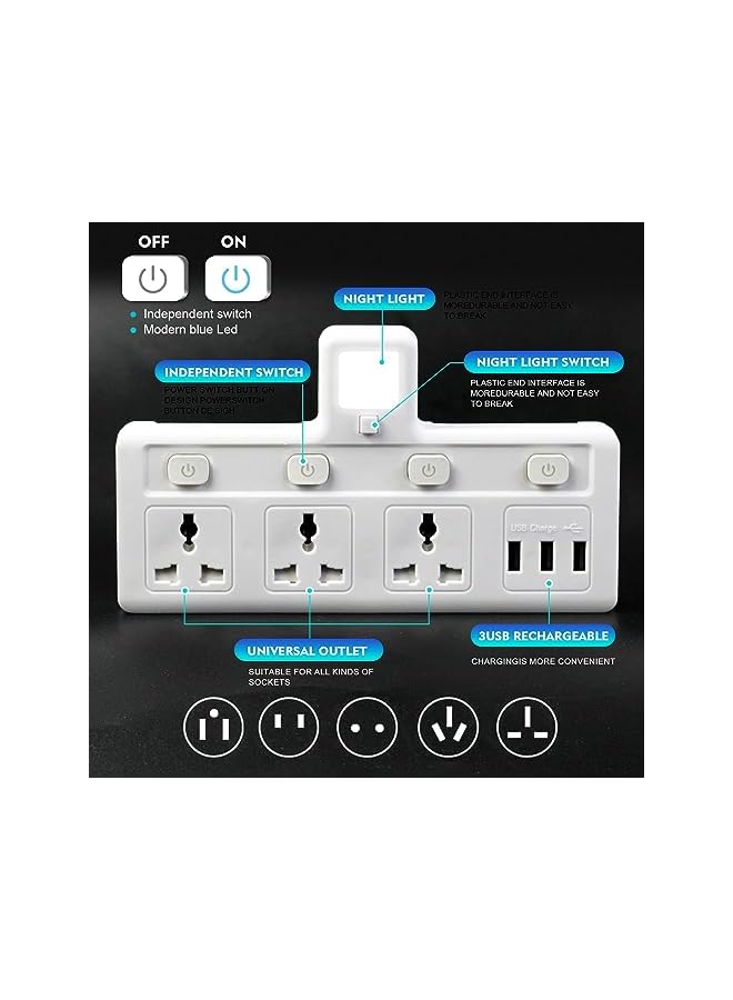 SKY-TOUCH مقبس تمديد متعدد المقابس مع 3 منافذ USB، مقبس حائط موسع بثلاثة اتجاهات، محول متعدد المنافذ الكهربائية مع ضوء ليلي، محول منفذ تمديد الطاقة الكهربائية للمنزل والمكتب والمطبخ - Image 3