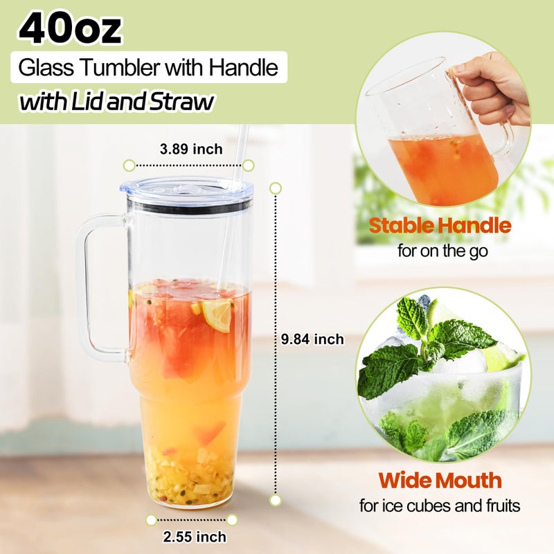 FECBK Glass Cups with Lids and Straws 40 oz Glass Tumbler with Straw and Lid 2 Pack Glass Tumbler with Handle Wide Mouth Iced Coffee Cups for Smoothies, Soda, Tea, with Acrylic Lids - Image 3