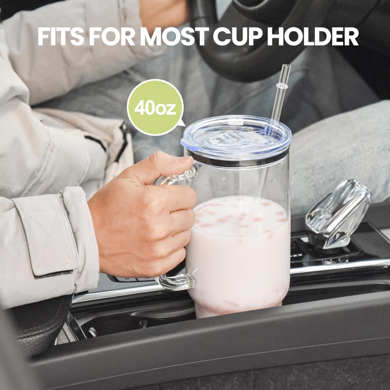 FECBK Glass Cups with Lids and Straws 40 oz Glass Tumbler with Straw and Lid 2 Pack Glass Tumbler with Handle Wide Mouth Iced Coffee Cups for Smoothies, Soda, Tea, with Acrylic Lids - Image 2