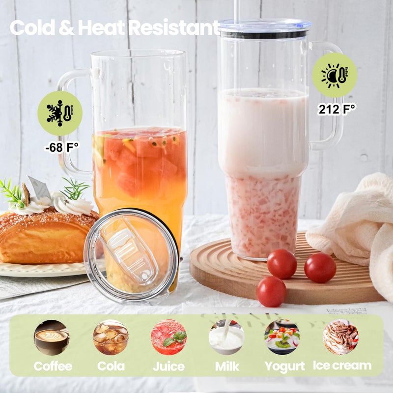 FECBK Glass Cups with Lids and Straws 40 oz Glass Tumbler with Straw and Lid 2 Pack Glass Tumbler with Handle Wide Mouth Iced Coffee Cups for Smoothies, Soda, Tea, with Acrylic Lids - Image 5