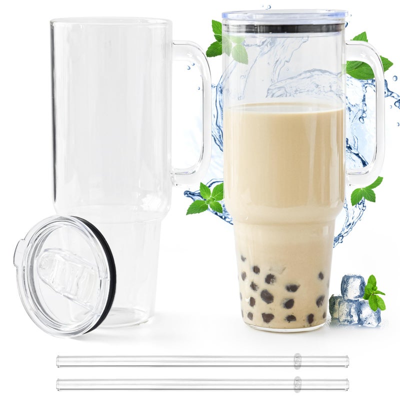 FECBK Glass Cups with Lids and Straws 40 oz Glass Tumbler with Straw and Lid 2 Pack Glass Tumbler with Handle Wide Mouth Iced Coffee Cups for Smoothies, Soda, Tea, with Acrylic Lids - Image 1