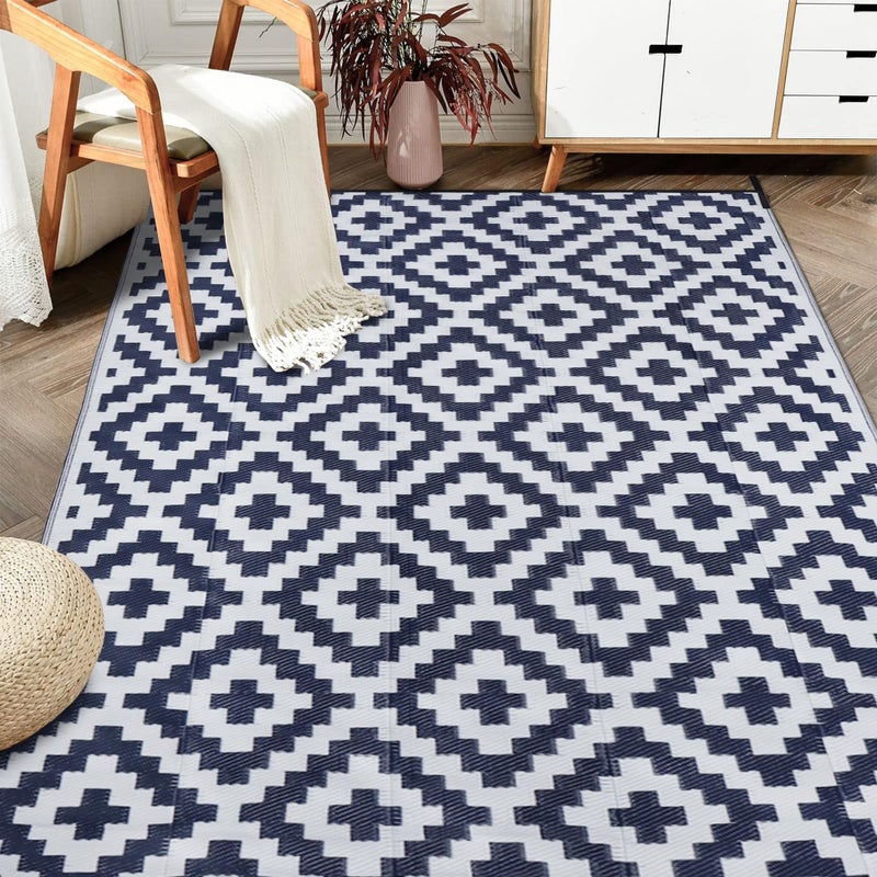 SAND MINE Reversible Mats, Plastic Straw Rug, Modern Area Rug, Large Floor Mat and Rug for Outdoors, RV, Patio, Backyard, Deck, Picnic, Beach, Trailer, Camping, Dark Blue & White, 6' x 9' - Image 1