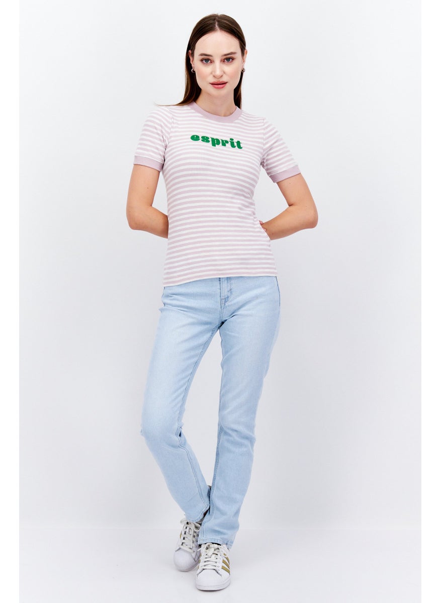 ESPRIT Women Crew Neck Short Sleeve Stripe Print T-Shirt, White/Lilac  - Image 2