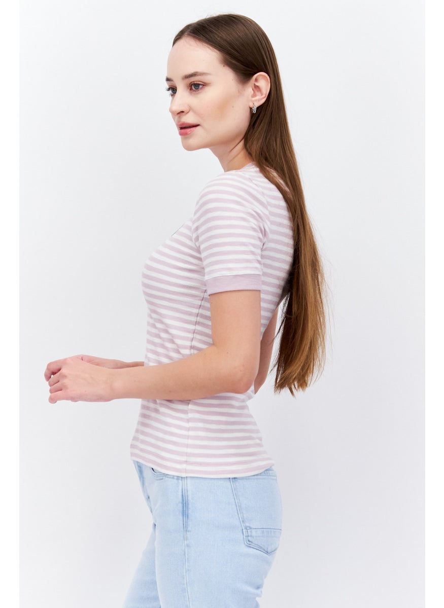 ESPRIT Women Crew Neck Short Sleeve Stripe Print T-Shirt, White/Lilac  - Image 3