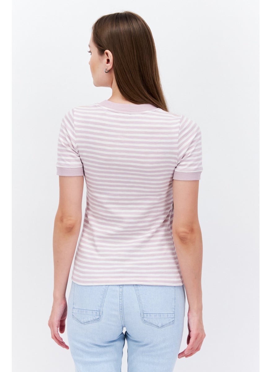 ESPRIT Women Crew Neck Short Sleeve Stripe Print T-Shirt, White/Lilac  - Image 4
