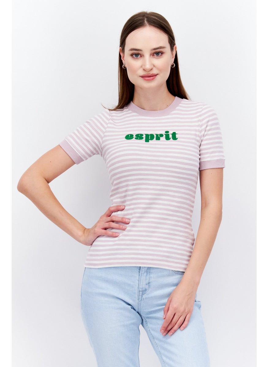 ESPRIT Women Crew Neck Short Sleeve Stripe Print T-Shirt, White/Lilac  - Image 1