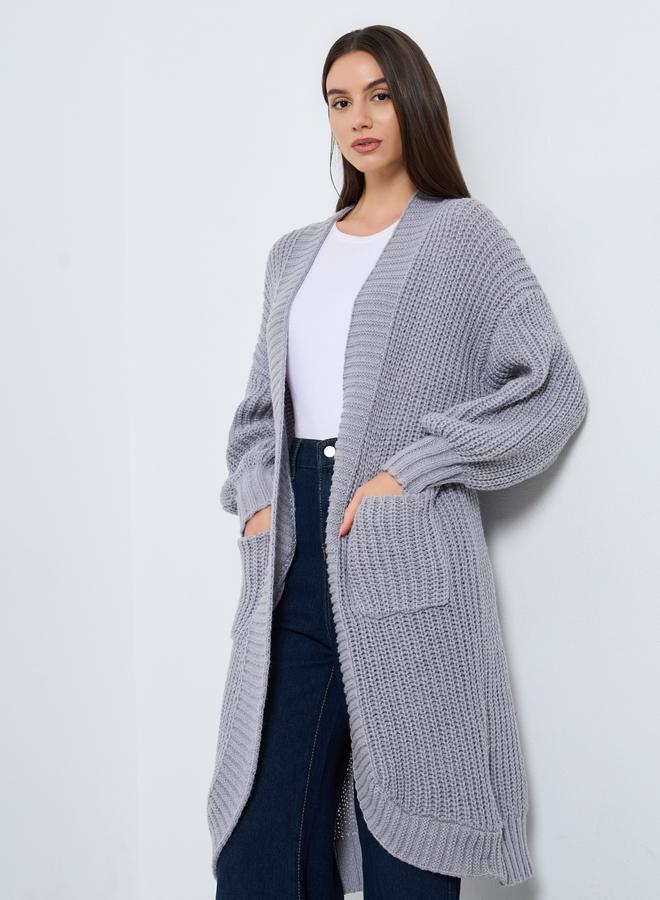 Take Two Grey Chunky Knit Cardigan with Patch Pocket - Image 1