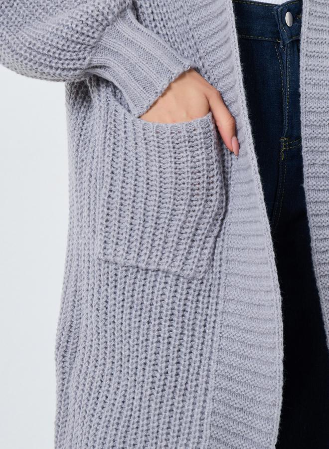 Take Two Grey Chunky Knit Cardigan with Patch Pocket - Image 3