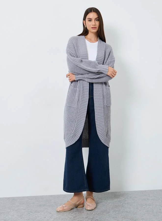 Take Two Take Two Grey Chunky Knit Cardigan with Patch Pocket