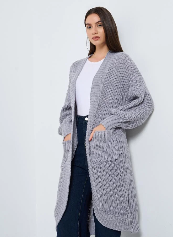 Take Two Take Two Grey Chunky Knit Cardigan with Patch Pocket