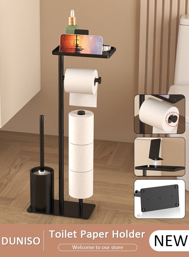 DUNISO Toilet Paper Stand,Towel Rack,Toilet Tissue Holder for Bathroom Floor Standing Toilet Roll Dispenser Storages 4 Reserve Rolls, with Top Storage Shelf for Cell Phones, Wipe, Wallet and More - Image 1