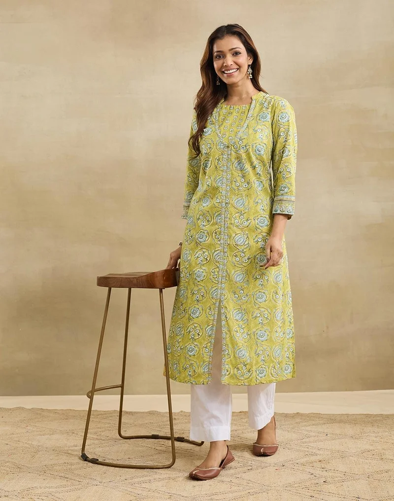 Fabindia Green Cotton Long Kurta