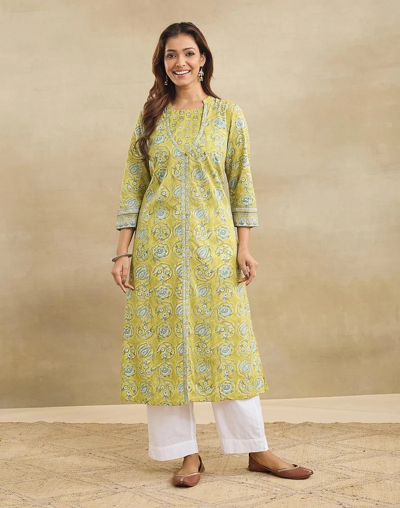 Fabindia Green Cotton Long Kurta