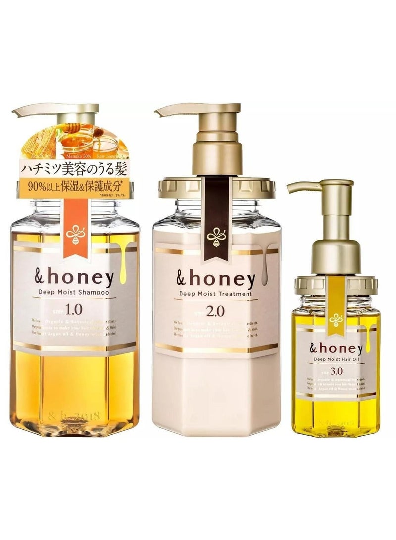 &Honey Deep Moist 3-Piece Hair Care Set, Shampoo, Treatment & Hair Oil for Dry, Frizzy & Damaged-Looking Hair, Deep Hydration, Smoothness, Softness & Shine