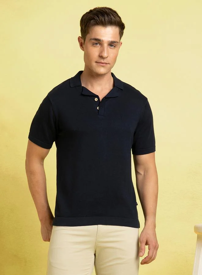 Dennis Lingo Men's Navy 100% Cotton Textured Regular Fit T-Shirt