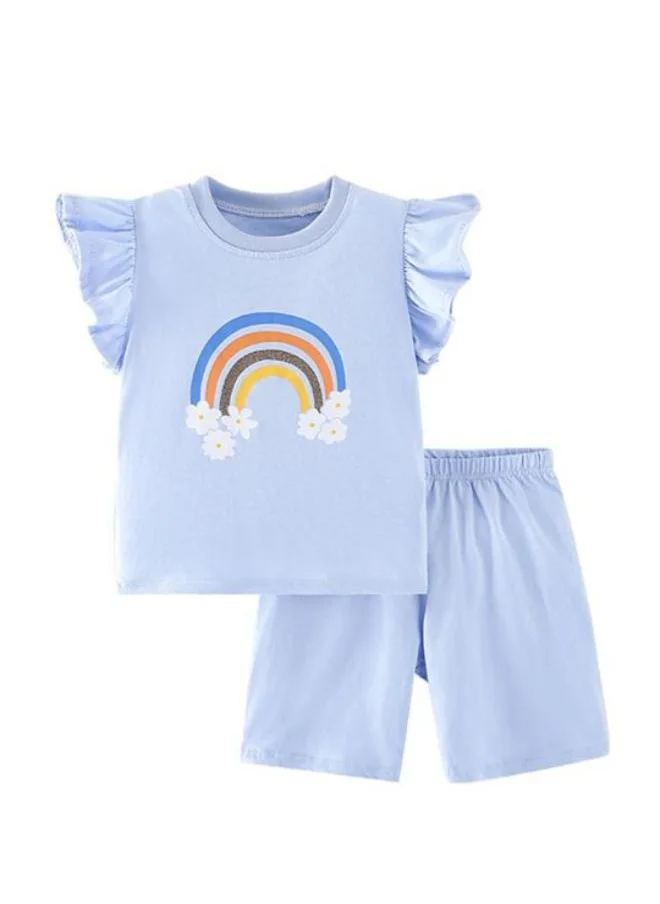 YUNIQEE Blue Crew Neck Cap Sleeve Printed Top & Shorts