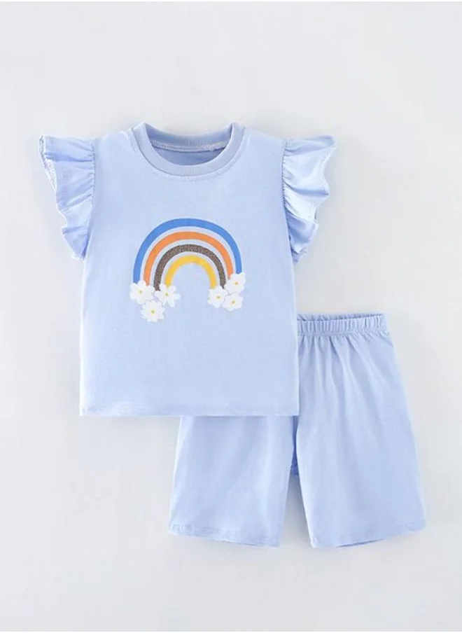 YUNIQEE Blue Crew Neck Cap Sleeve Printed Top & Shorts