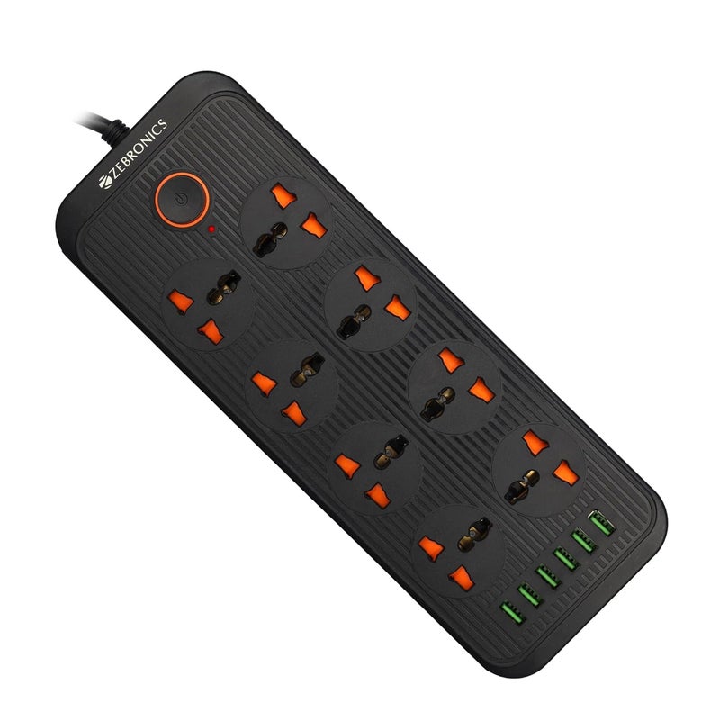 ZEBRONICS ZEBRONICS Ps8360U Power Strip with 8 Universal Sockets 2500W Max 6 USB Ports USB Output 24A Max3 Mtr Copper Cable Overload Surge Protection Durable Abs Body 250 Volts  - Image 1
