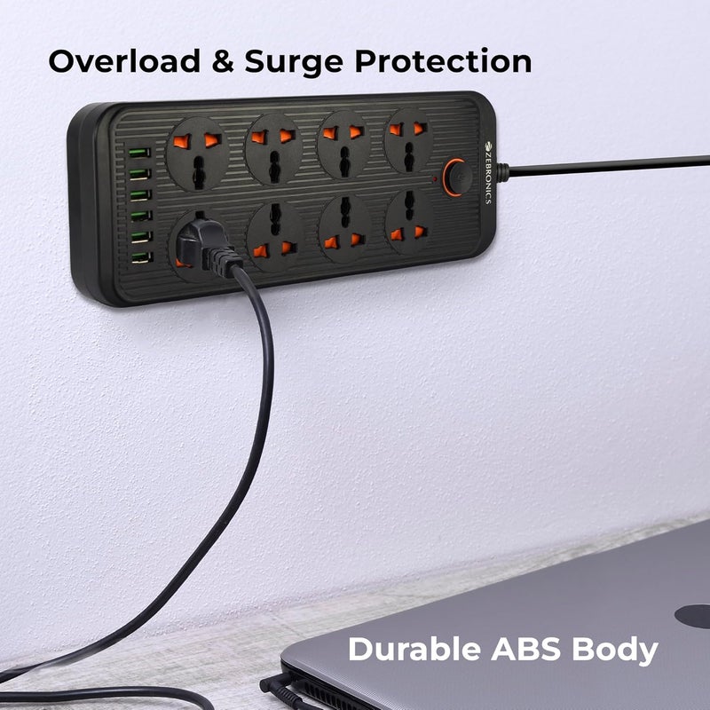 ZEBRONICS ZEBRONICS Ps8360U Power Strip with 8 Universal Sockets 2500W Max 6 USB Ports USB Output 24A Max3 Mtr Copper Cable Overload Surge Protection Durable Abs Body 250 Volts  - Image 4