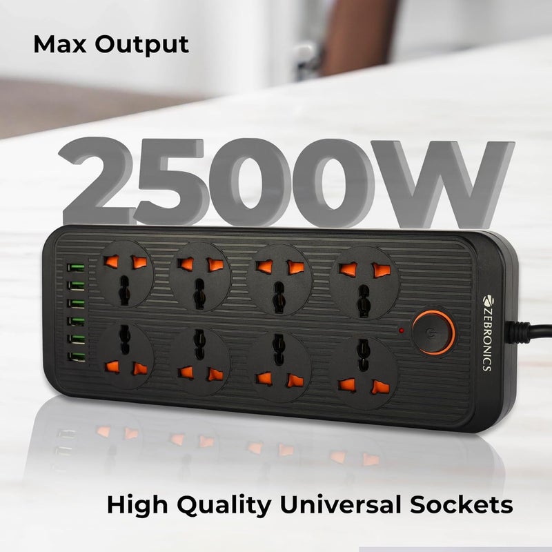 ZEBRONICS ZEBRONICS Ps8360U Power Strip with 8 Universal Sockets 2500W Max 6 USB Ports USB Output 24A Max3 Mtr Copper Cable Overload Surge Protection Durable Abs Body 250 Volts  - Image 3