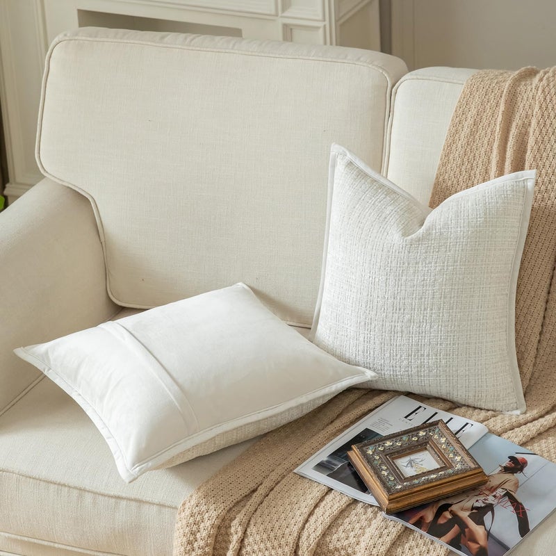 Yaertun Pack of 2 Chenille Textured Decorative Throw Pillow Covers Accent Solid Cushion Cover Soft Cozy Pillow Case with Velvet Back for Couch Sofa Bed Living Room 18x18 Inch Cream White - Image 2