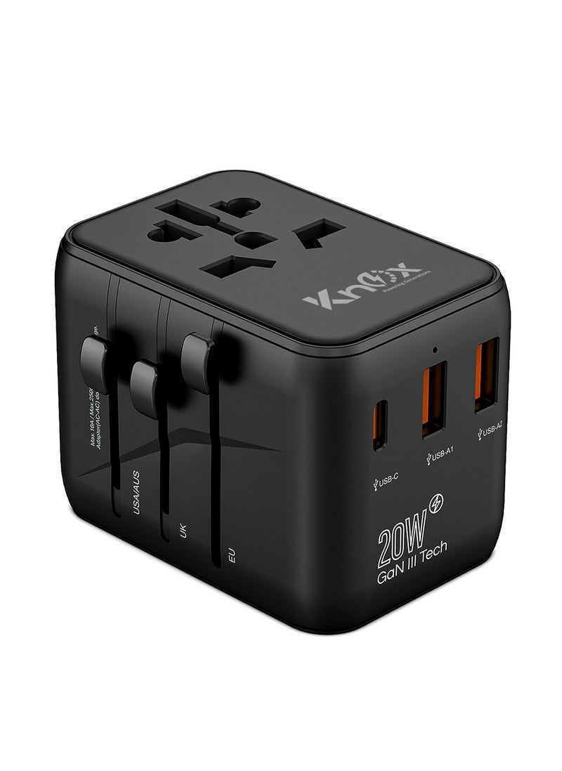 Knox Powering Generations 20W Travel Power Adapter GaN III technology, International Adapter with 2 USB-A & 1 USB-C PD Fast Charging, Universal Travel Adaptor for Smart Phone, Laptops, Worldwide Plug (UK/EU/AUS/US) Black  - Image 1