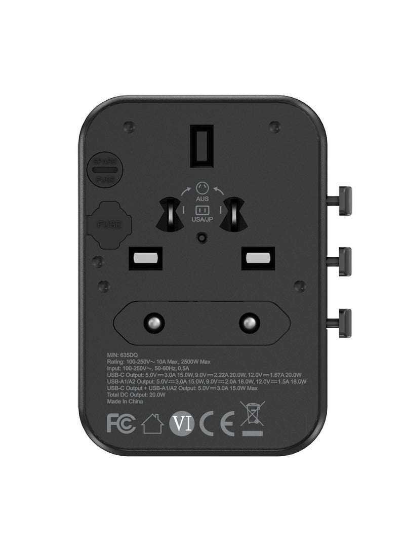 Knox Powering Generations 20W Travel Power Adapter GaN III technology, International Adapter with 2 USB-A & 1 USB-C PD Fast Charging, Universal Travel Adaptor for Smart Phone, Laptops, Worldwide Plug (UK/EU/AUS/US) Black  - Image 2