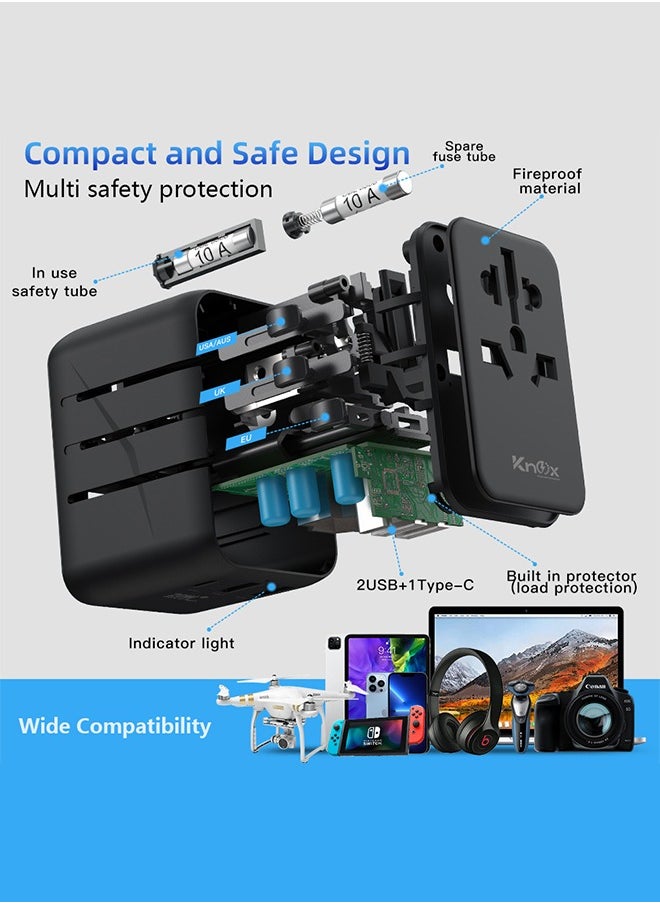 Knox Powering Generations 20W Travel Power Adapter GaN III technology, International Adapter with 2 USB-A & 1 USB-C PD Fast Charging, Universal Travel Adaptor for Smart Phone, Laptops, Worldwide Plug (UK/EU/AUS/US) Black  - Image 4