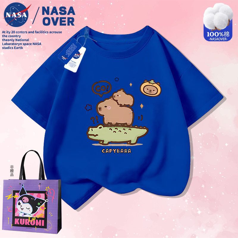 Nasa Co-Brand Capibala Capybara Cartoon Q Edition Pure Cotton Short-Sleeved T-Shirt New Summer Top For Middle And Large Children - Image 1