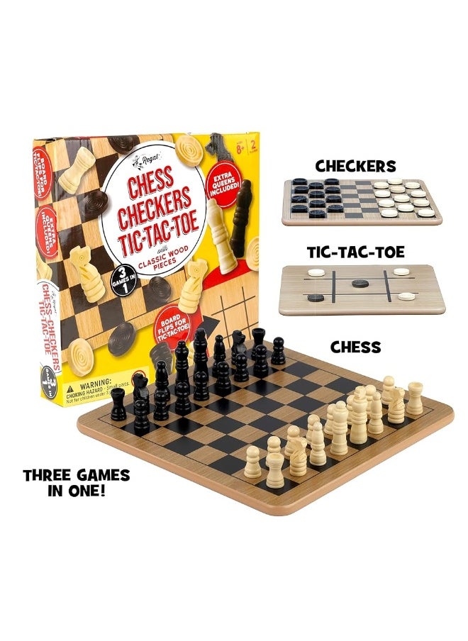 Regal Games - Regal Games - Reversible Wooden Board for Chess, Checkers & Tic-Tac-Toe - 24 Interlocking Wooden Checkers and 32 Standard Chess Pieces - for Age 8 to Adult for Family Fun - Image 1