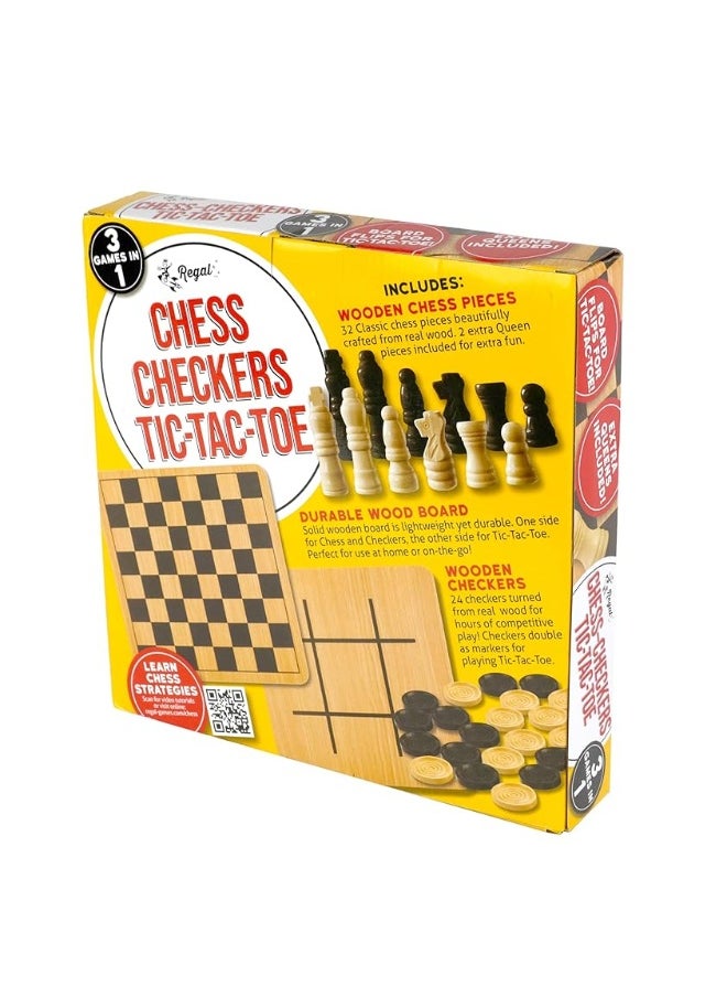 Regal Games - Regal Games - Reversible Wooden Board for Chess, Checkers & Tic-Tac-Toe - 24 Interlocking Wooden Checkers and 32 Standard Chess Pieces - for Age 8 to Adult for Family Fun - Image 1
