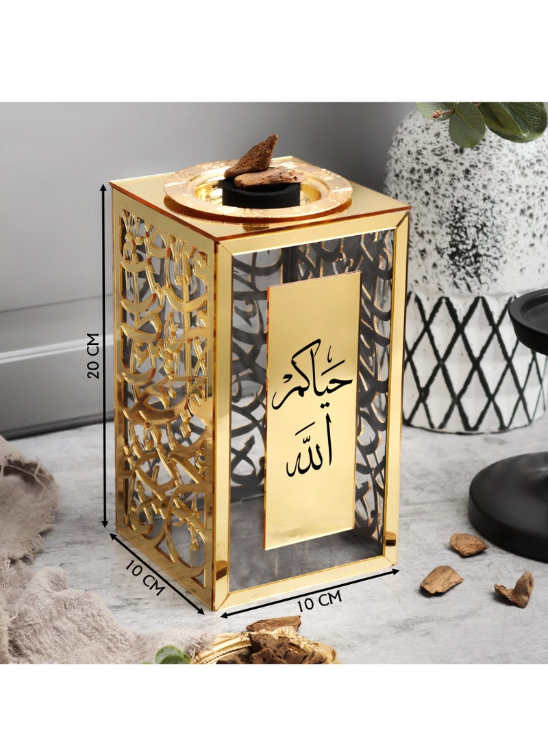 حكاية شمعة مبخره بخور بزخرفة عربية مصنوعه من الاكريليك اللامع والشفاف ، تحمل عبارة "حياكم الله" بتصميم مميزة - Image 2