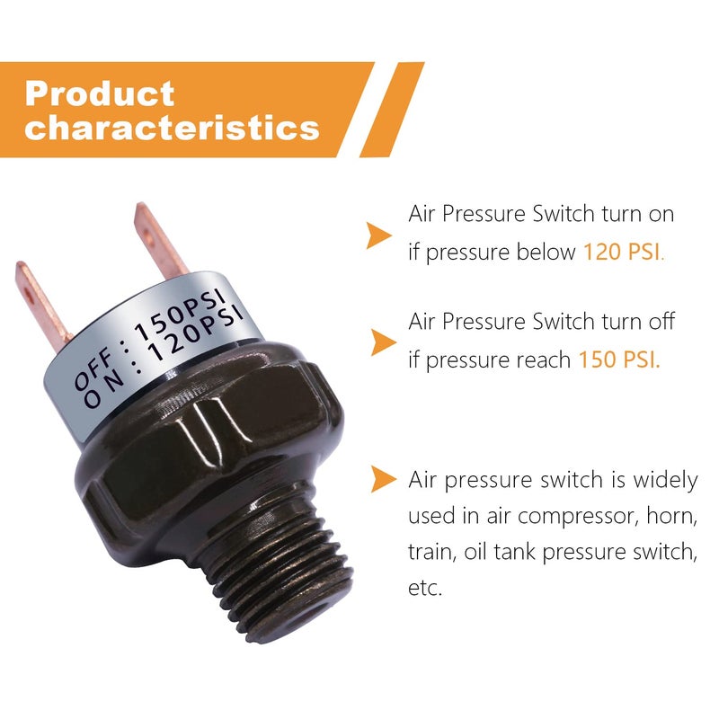 mankk Air Pressure Switch 120-150 PSI Thread 1/8" NPT 24V 12V DC Air Compressor Pressure Switch for Air Horn Train 120-150-1/8" NPT-BK - Image 4