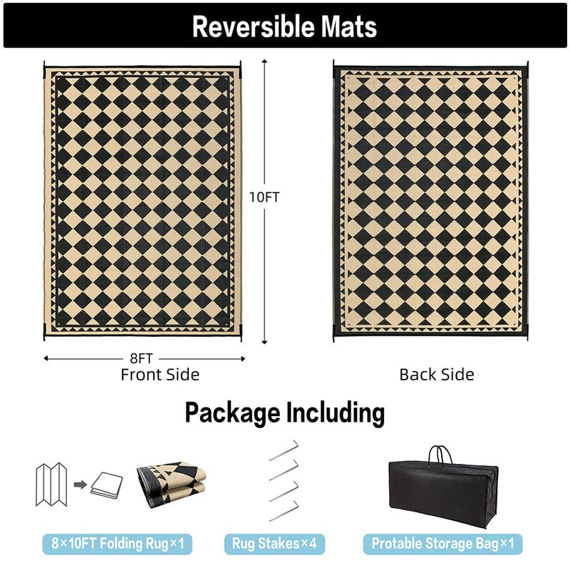 HUGEAR Outdoor Rug for Patios Clearance,Waterproof Mat,Large Outside Carpet,Reversible Plastic Straw Camping Rugs,Rv,Porch,Deck,Camper,Balcony,Backyard (8x10,Checkered/Black&Beige) - Image 2