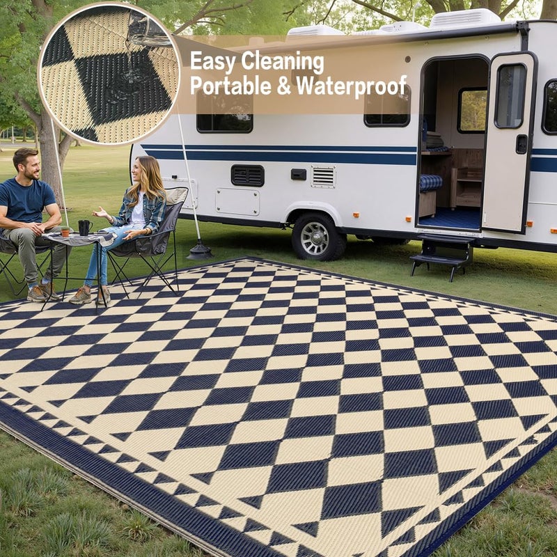 HUGEAR Outdoor Rug for Patios Clearance,Waterproof Mat,Large Outside Carpet,Reversible Plastic Straw Camping Rugs,Rv,Porch,Deck,Camper,Balcony,Backyard (8x10,Checkered/Black&Beige) - Image 5