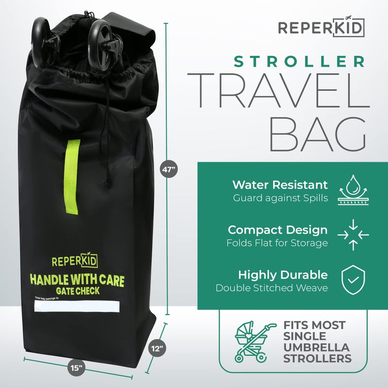 reperkid Umbrella Stroller Bag for Airplane Travel, Black and Green, 47" H x 15" W x 12" D, Fits Most Single and Double Umbrella Strollers â€“ Premium Waterproof Cover, Adjustable Shoulder Strap - Image 3