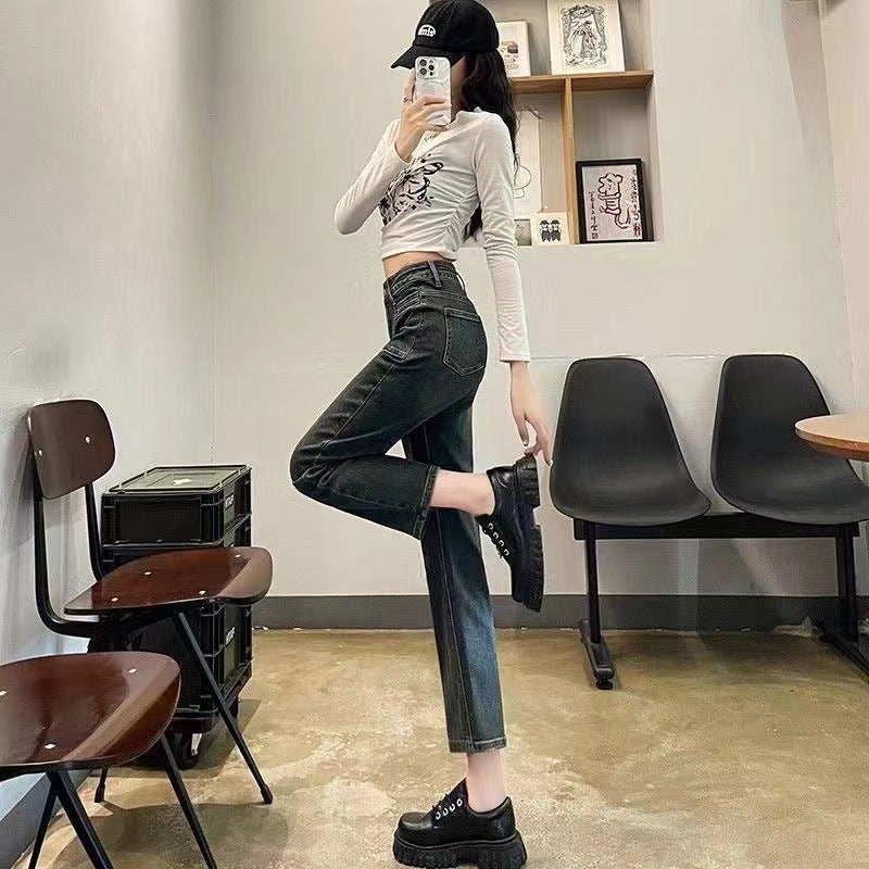High-Waisted Straight-Leg Jeans For Women In Fleece-Lined And Thickeneding New Elastic Slimming Look Slim Nine-Point Cigarette Pants For Small People - Image 4