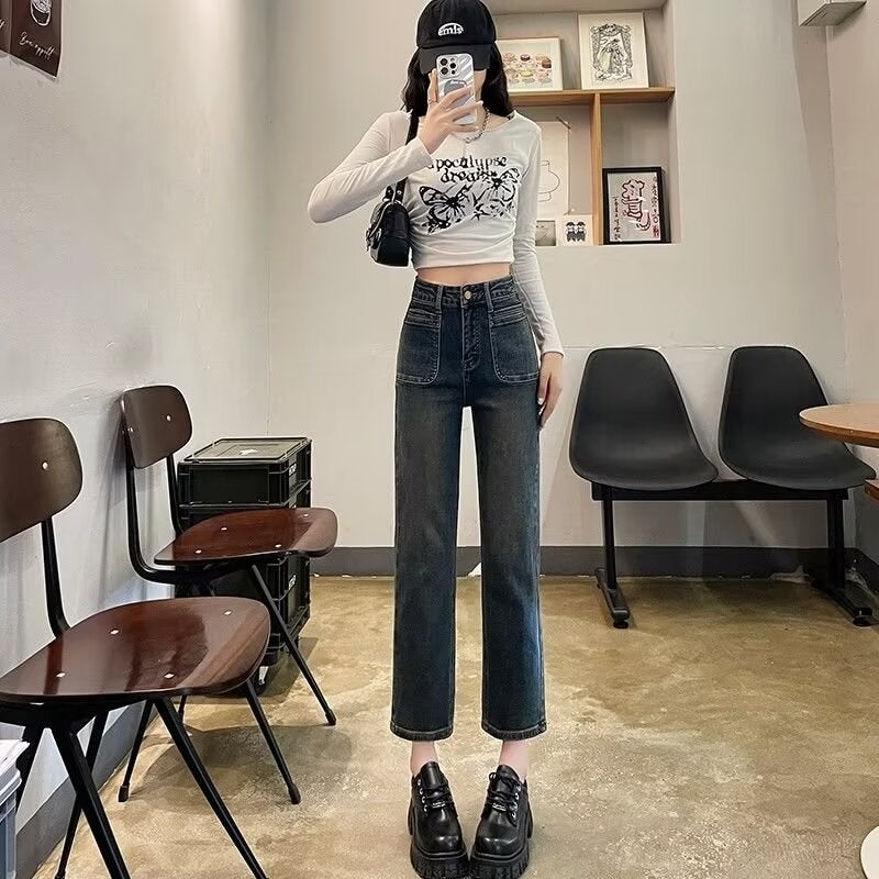 High-Waisted Straight-Leg Jeans For Women In Fleece-Lined And Thickeneding New Elastic Slimming Look Slim Nine-Point Cigarette Pants For Small People - Image 5