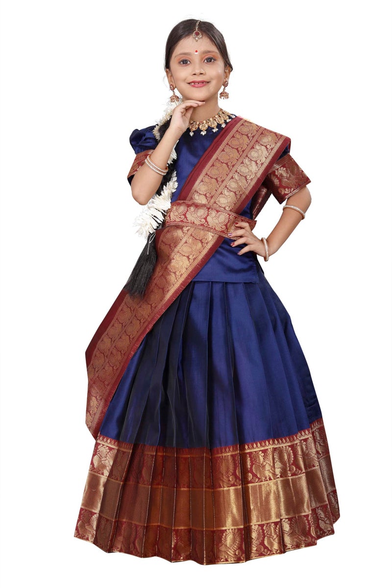 Fabcartz Elegant South Indian Traditional Unstitched Half Saree for Girls – Perfect for Festivals and Special Occasions (Navy Blue) - Image 1