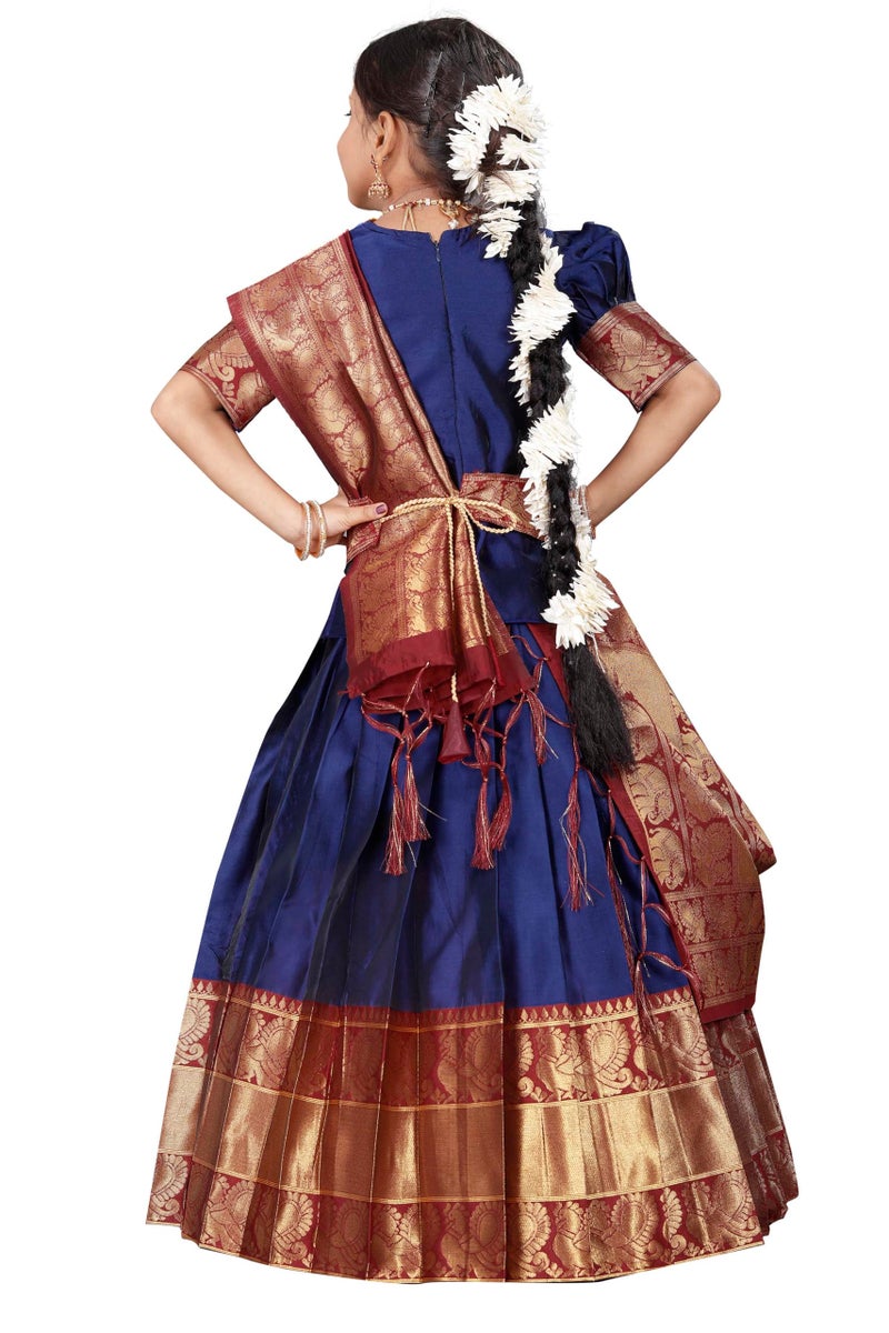 Fabcartz Elegant South Indian Traditional Unstitched Half Saree for Girls – Perfect for Festivals and Special Occasions (Navy Blue) - Image 2
