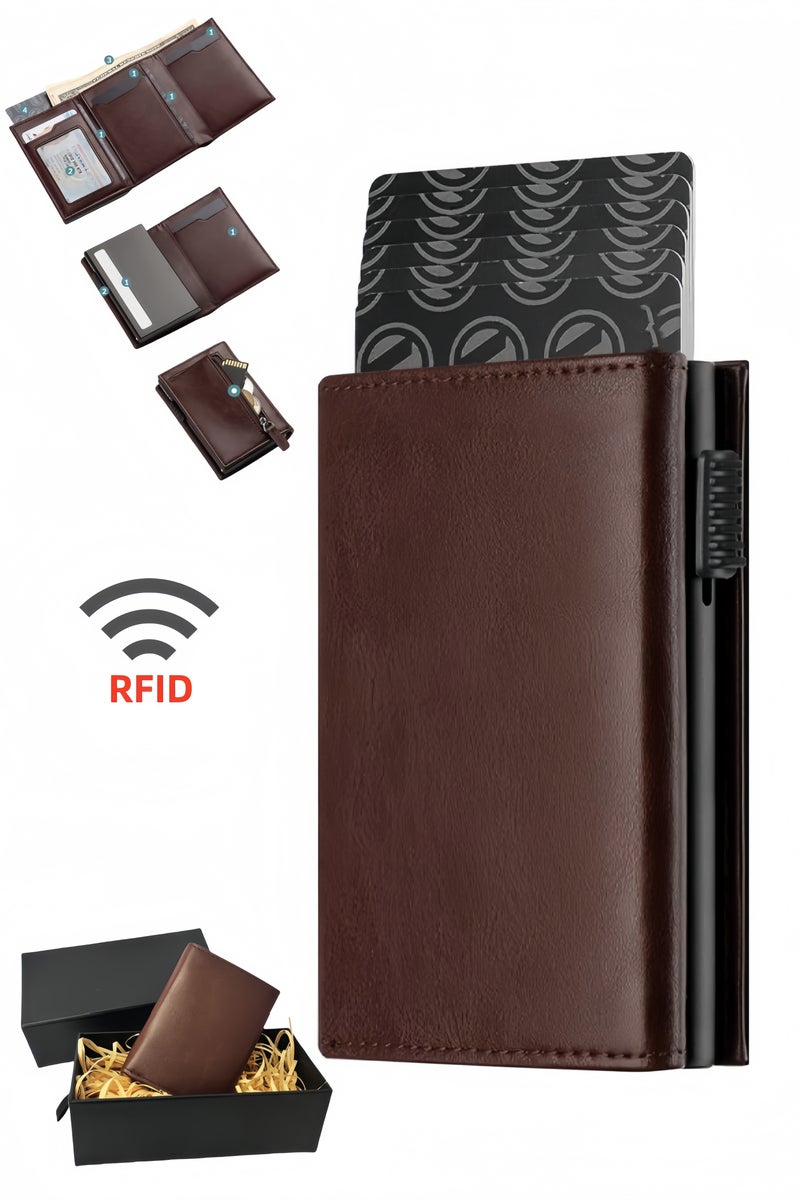 Genetic Credit Card Holder RFID Blocking Genuine Leather Pop Up Anti Theft Card Wallet with Banknote Compartment, ID Window, Coin Pocket and Magnetic Closure for Men Gifts  - Image 1