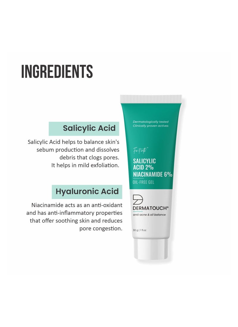 DERMATOUCH Salicylic Acid 2% Niacinamide 6% Anti Acne Oil Free Gel For Active Acne Oil Balancing Pore Tightening 30gm  - Image 2