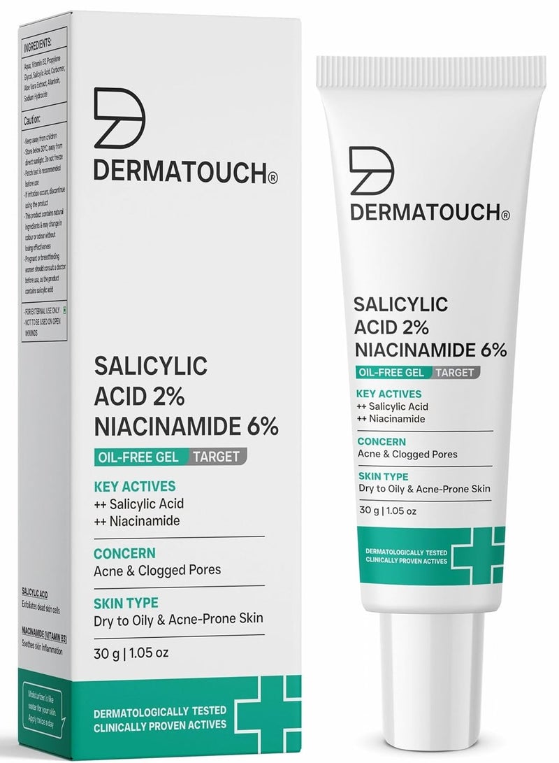 DERMATOUCH Salicylic Acid 2% Niacinamide 6% Anti Acne Oil Free Gel For Active Acne Oil Balancing Pore Tightening 30gm - Image 1