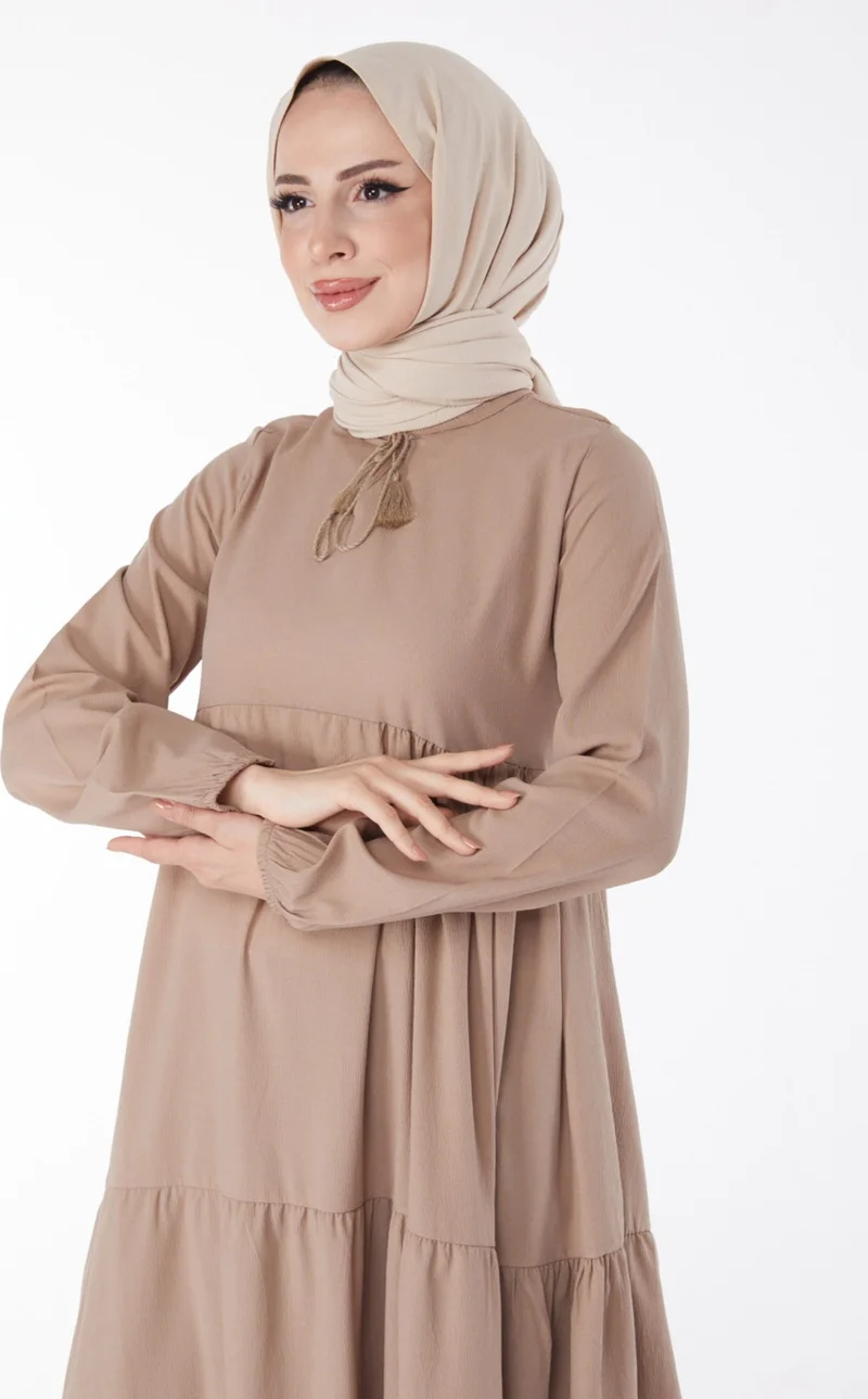 Tofisa Plain Judge Collar Women's Mink Gathered Lace Detail Dress - 13145
