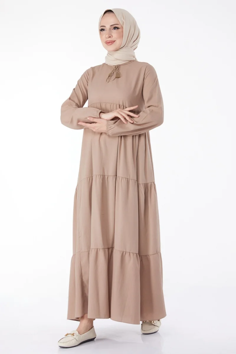 Tofisa Plain Judge Collar Women's Mink Gathered Lace Detail Dress - 13145